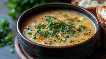 A bowl of soup garnished with herbs, accompanied by bread slices.