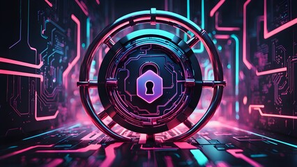 A futuristic, glowing lock symbol sits in the center of a neon-lit, circuit board backdrop, symbolizing cyber security.