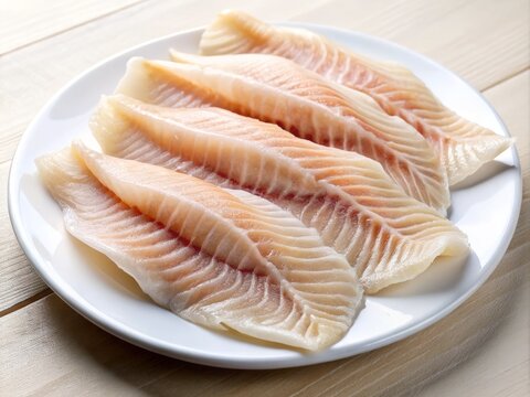 "Photograph of Basa fish fillets, cut into pieces, displaying white fish with distinctive black stripes on sides, served on a simple white plate with no decorations."