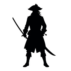 a black silhouette of a pirate standing with his back to the viewer. He is wearing a long coat and a cocked hat, and is holding a sword in his right hand © Dream Is Power