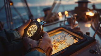 Close-up shot of hands holding compass on sailing boat with blurred deck background for representing navigation direction maritime adventure precision and exploration concept. © improvee design