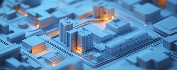 Naklejka premium Aerial view of a stylized urban landscape model with illuminated buildings, showcasing modern architecture and layout.