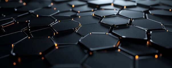 Obraz premium Close-up of a geometric hexagonal pattern with a sleek black finish, highlighting a modern and futuristic design aesthetic.