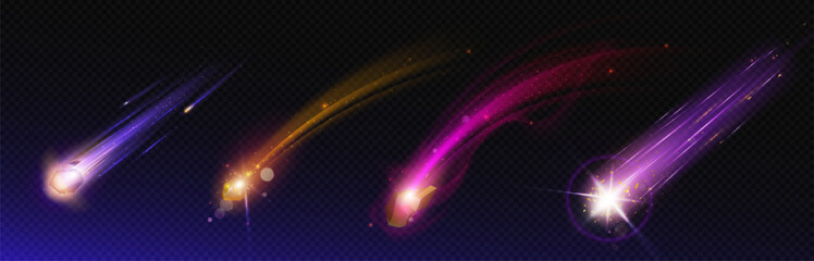 Falling asteroid with fire trail in outer space. Realistic 3d vector illustration set of burning comet with glowing light trace in atmosphere. Shooting stone fireball in cosmos for starfall design.