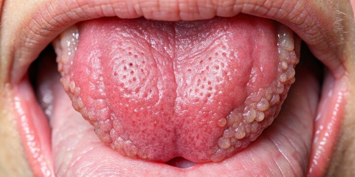 A normal tongue: pinkish-red color, small bumps (papillae) and filiform papillae on surface, no ulcers, lesions, or excessive swelling, in a neutral position.