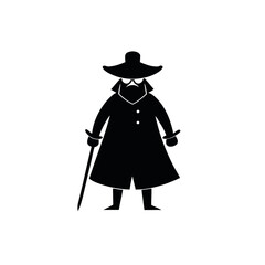 a black silhouette of a pirate standing with his back to the viewer. He is wearing a long coat and a cocked hat, and is holding a sword in his right hand