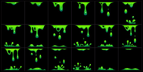 Green slime animated sprite, animation effect showing stages of dripping and splashing toxic liquid phlegm for video game. Cartoon vector sequence frame of gooey, slimy poison drip, gui storyboard