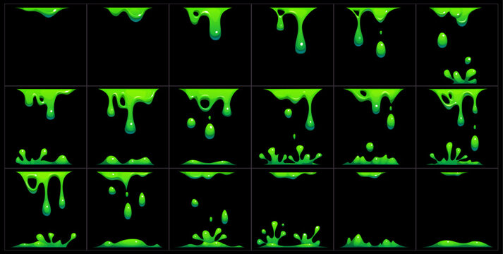 Green slime animated sprite, animation effect showing stages of dripping and splashing toxic liquid phlegm for video game. Cartoon vector sequence frame of gooey, slimy poison drip, gui storyboard