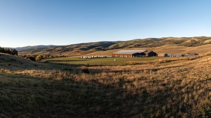 A panoramic view of a rural landscape featuring a barn and rolling hills under a clear sky.