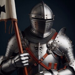 Naklejka premium Man wearing Medieval Knights armor with heavy iron helmet 