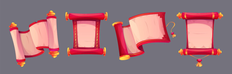 Chinese paper red scroll with golden holders, tassel and traditional ornate. Cartoon vector illustration set of ancient oriental letter or book with blank space. Asian vintage royal element.