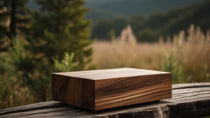 wooden podium product with a nature background mockup