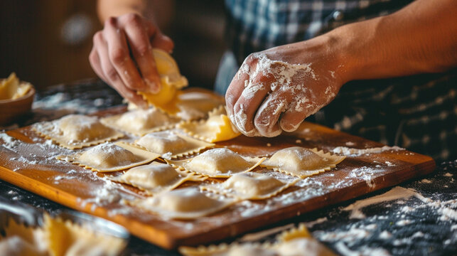 Cooking healthy Italian cuisine food gourmet preparation meal. Man human chef making homemade ravioli or tortellini from fresh ingredient