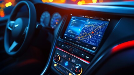 Interior of a modern car showcasing a digital navigation screen with vibrant lighting, emphasizing technology and comfort.