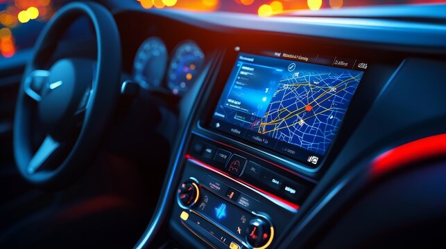 Interior of a modern car showcasing a digital navigation screen with vibrant lighting, emphasizing technology and comfort.