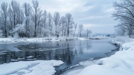 Frozen river meanders through snow-covered landscape with frosted trees lining the banks for serene reflection of sky icy water winter nature beauty peaceful concept.