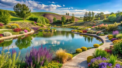 Fototapeta premium Peaceful blooms surround tranquil ponds and serene walking paths amidst stunning salt-crusted hills and scenic vistas at International Peace Garden