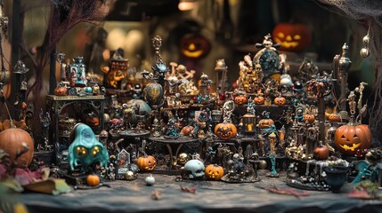 The image features an intricately detailed Halloween diorama with a variety of miniature figures and objects. The setup includes numerous small pumpkins, some carved into jack-o'-lanterns, surrounded 
