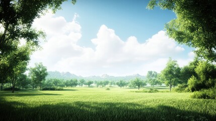 A serene landscape featuring lush greenery, open fields, and a clear blue sky.