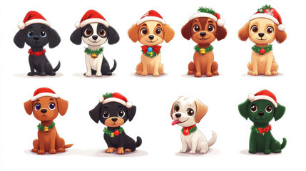 Obraz premium Cute cartoon dogs wearing Santa hats and festive collars, perfect for holiday cheer!