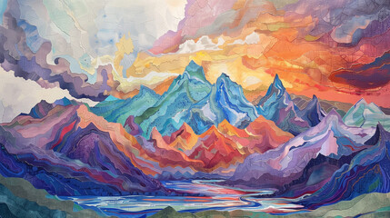 "Vibrant Peaks: Illustration of a Beautiful rainbow Mountain"