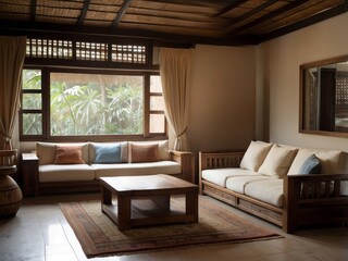 Obraz premium Rustic Living Room with Wooden Furniture and Natural Light