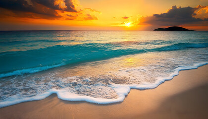 Crystal-clear turquoise waters with gentle waves lapping at a pristine beach under a golden sunset