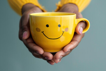 Happy tea drink with happy emoji face on big yellow cup in woman's African hands. The most happiest...