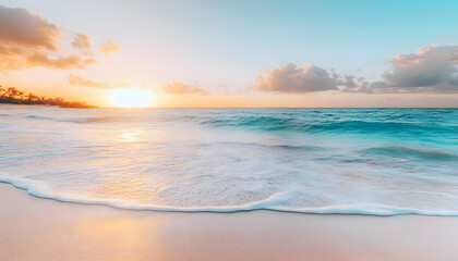Fototapeta premium Crystal-clear turquoise waters with gentle waves lapping at a pristine beach under a golden sunset