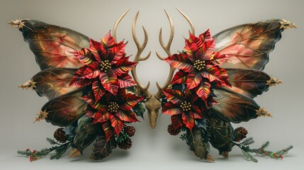 A pair of symmetrical wings adorned with poinsettias, antlers, pine branches, and berries. The wings are a combination of gold, red, green, and brown hues, creating a festive and whimsical design.