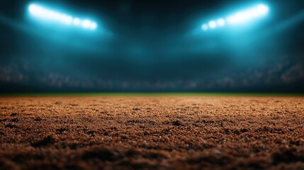 Obraz premium A detailed view of a well-maintained baseball field, illuminated by stadium lights, ready for an exciting game.