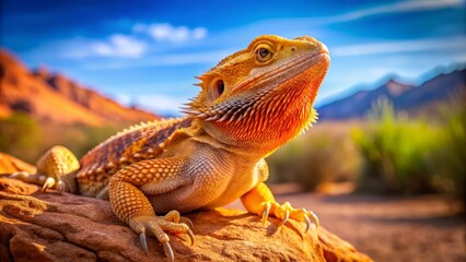 Obraz premium Orange-bearded dragon perches on a rock, its bright orange beard bobbing as it surveys its desert surroundings, scales glistening in warm sunlight.