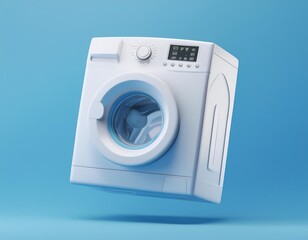3D modern white washing machine against a light blue background, 3D illustration