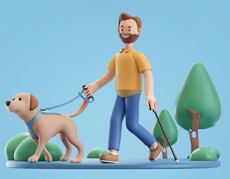 3D man with a cane walks his dog through a park, 3D illustration