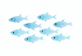 Fototapeta premium Abstract Blue Fish Illustration: A School of Small Fish Against a White Background 