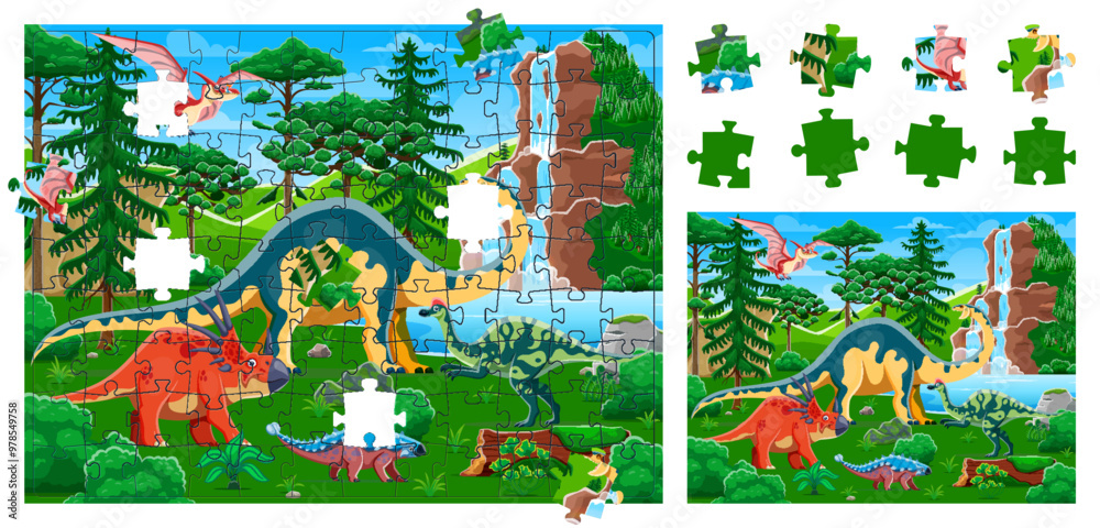 Poster jigsaw puzzle game pieces with prehistoric dinosaurs landscape, vector worksheet. kids jigsaw puzzle