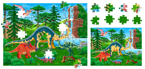 Jigsaw puzzle game pieces with prehistoric dinosaurs landscape, vector worksheet. Kids jigsaw puzzle game to find and match cutout pieces of picture wit Jurassic dinosaurs and funny dino lizards © Vector Tradition