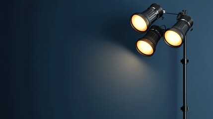 A modern tripod lamp with three adjustable lights against a dark blue wall, creating a stylish and warm ambiance.