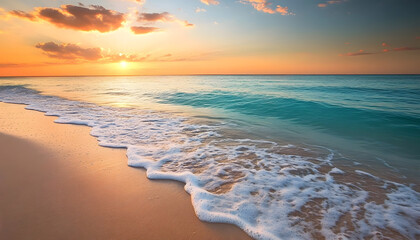 Crystal-clear turquoise waters with gentle waves lapping at a pristine beach under a golden sunset