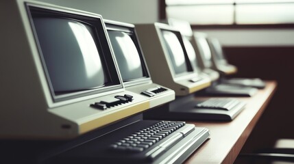 A row of vintage computers lined up in a retro workspace, showcasing classic technology and nostalgia.