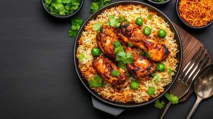 Delectable TopDown View of Chicken Biryani Dish with Aromatic Spices on Dining Table