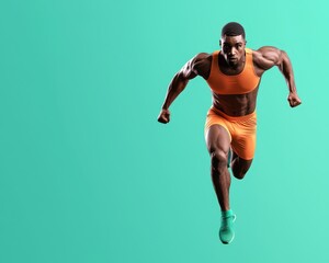 A muscular athlete sprinting forward, showcasing determination and strength against a vibrant turquoise background.