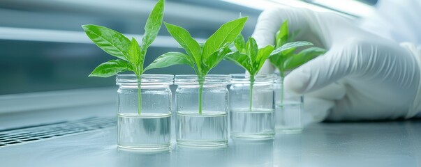 A scientist examines plant samples in glass jars, showcasing growth in a laboratory setting, emphasizing research and innovation.