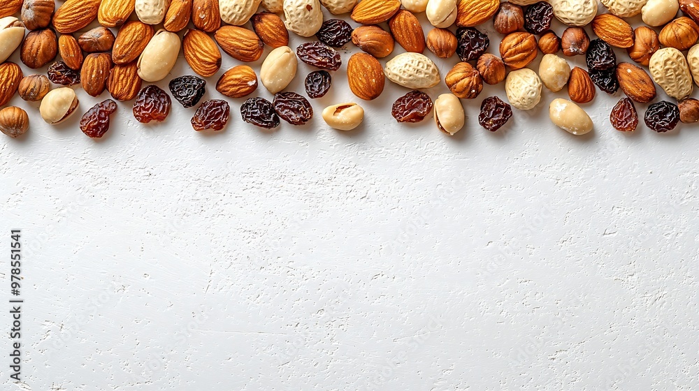Aufkleber nuts and dried fruits background top view : generative ai