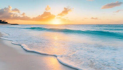 Obraz premium Crystal-clear turquoise waters with gentle waves lapping at a pristine beach under a golden sunset