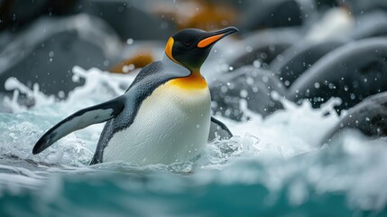 Fototapeta premium A King penguin wades through the surf, its black and white plumage contrasting with the turquoise water and the grey rocks.