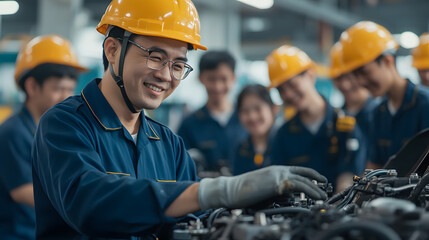 Asian people auto mechanic wearing a helmet, smiling as he inspects a car’s engine in the foreground, with a team of smiling engineers in the blurred background working in a mechanics garage.