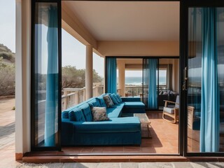 Ocean View Patio with Blue Sectional Sofa and Sliding Glass Doors