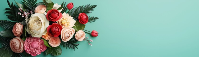 A vibrant arrangement of roses and peonies in soft colors, set against a serene turquoise background, perfect for any floral project.