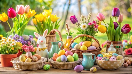 The image captures a stunning Easter scene brimming with lively hues and intricate textures.